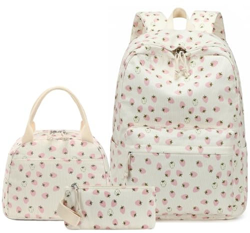 LOIDOU Rucksack für Teenager Mädchen Bookbags Kinderrucksack Kinder Schulrucksack mit Lunchpaket Federmäppchen Schulranzen Set für Schule (Erdbeere beige)