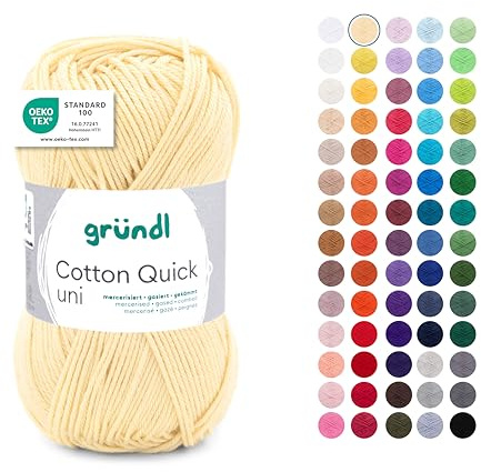Gründl Wolle Cotton Quick uni Häkelgarn 1 Knäuel 50 g, pastellgelb | dünne Wolle zum Häkeln - Strickgarn - Häkelgarn - Glänzend und hautfreundlich - 100 % Baumwolle - 50 g / 125 m
