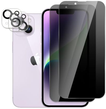 LZAYN 2 Stück Sichtschutz Schutzfolie Für iPhone 14 mit 2 Stück Kamera Panzerfolie, Anti-Spy Schutzglas, 9H Härte, Anti-Kratzer, Anti-Öl, Anti-Bläschen, Einfache Installation