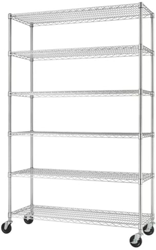 6-Tier Chrome Metal Storage Rack with Wheels – Heavy Duty Adjustable Shelves, 454kg Capacity, Mobile & Fixed Options, No-Tool Assembly – Garage, Kitchen, Utility Room Organizer