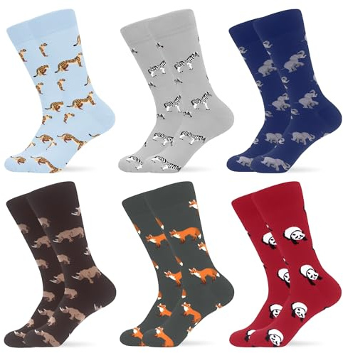 WeciBor Men's Bamboo Crew Socks Soft Casual 6 Pack Fun Novelty Animal Size 8-12