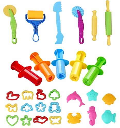 Giutsaull Accessoires Pate A Modeler, 29 pcs Kit Pate A Modeler Enfant 2 Ans Ensemble Outils Moulages, Emporte-pièces Moules Kit pour Argile, Modelage Rouleau A Patisserie Enfants 2-3 Ans Et Plus
