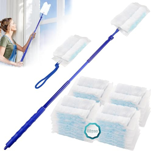 Staubmagnet Nachfüllpack Tücher für Swiffer Staubmagnet Duster Nachfüllpack Staubfänger Staubwedel für Swiffer Staub Entferner Staubtücher Einweg (40pcs+1pcs Teleskop+1pcs Handgriff)