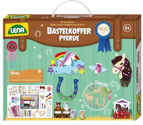 Lena Premium Bastelkoffer Pferde - Bastelset mit 400 Teilen für kreative Projekte, inkl. Moosgummi, Buntpapier, Perlen, Federn, Knöpfe, Straßsteine, uvm., Mädchen Geschenk für Kinder ab 5 Jahren