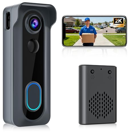 KAMEP Telecamera per campanello wireless con suoneria, videocamera 2K HD, funzionamento a batteria, rilevamento movimento PIR, audio a 2 vie, visione notturna, WiFi 2,4 GHz, archiviazione cloud