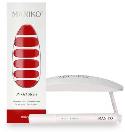 Maniko UV Gel Strip Set Statement Rot mit Lampe & Remover Pen | UV Nagellack zum Kleben, UV Nagelsticker, 2 Anwendungen – Geschenk für Mama, Muttertag, Geburtstag & Valentinstag