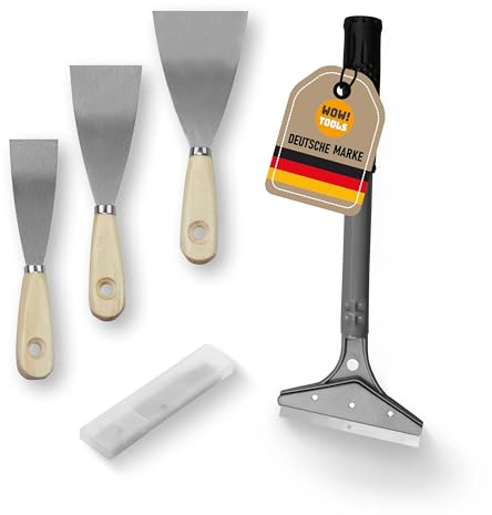 WOW!TOOLS Tapeten-Entferner-Set mit Schaber, 5 Klingen & 3 Spachteln | Igelwalze 34-54 cm teleskopierbar, 100 mm Schaberkline aus gehärtetem Stahl, robuste Metallausführung