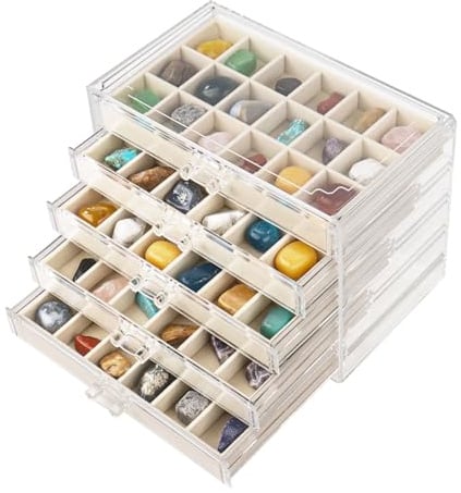 Dmnnlp Sammelbox Für Mineralien Und Steine, 5 Etagen 90 Fächer Rock Gemstone Collection Box, für Gemstone Mineralien Fossil Kristalle Kleine Sammlerstücke Edelsteine(Beige5)