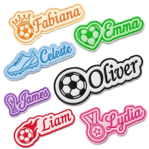 Personalised Embroidered Name Patch with Football, Custom Name Tags | Design B, Football Fan Iron-on or Sew-on Labels, for Backpacks, Pets, School Uniforms and Nursery, Washable Durable Fabric