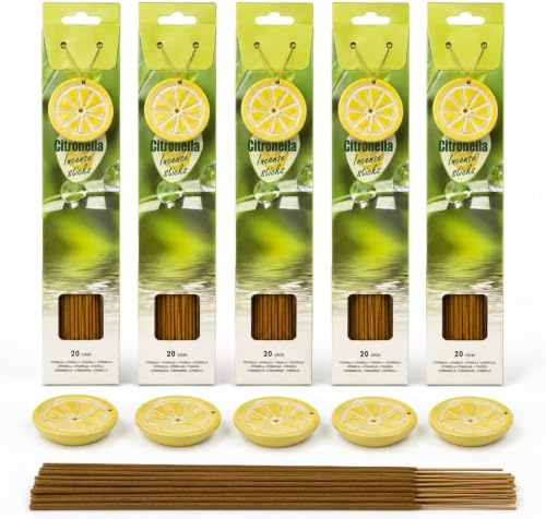 Citronella Rökelsepinnar – 5 Förpackningar med 20 Pinnar (Totalt 100 Rökelsepinnar) – med 5 Keramiska Rökelsehållare Formade som Citronskivor – 25 cm – för Balkong, Terrass, Trädgård och Camping