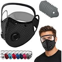 Reusable Carbon Filter Dust Mask with Adjustable Goggles, Staubmaske mit 10 Aktivkohlefiltern, Abnehmbare Vollgesichtsbrille Maske Wiederverwendbar für Holzarbeiten, Laufen, Radfahren (H)