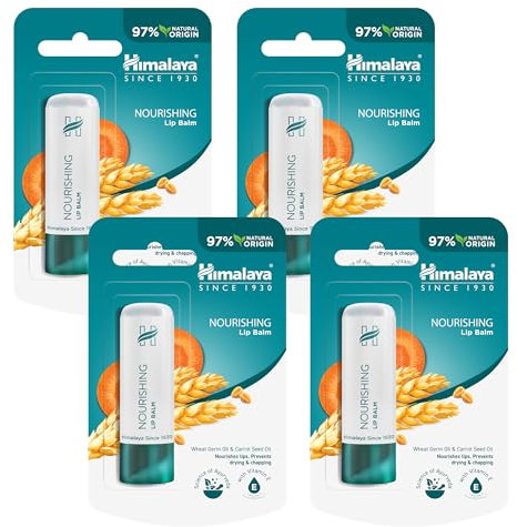 Himalaya Lip Balm with Wheatgerm Oil & Carrot Seed Oil Repairs Dry & Chapped Lips, Enhances Lip Color, Contains Essential Nourishment of Vitamin E Gives Long-Lasting Moisturization - 4.5g (Pack of 4)