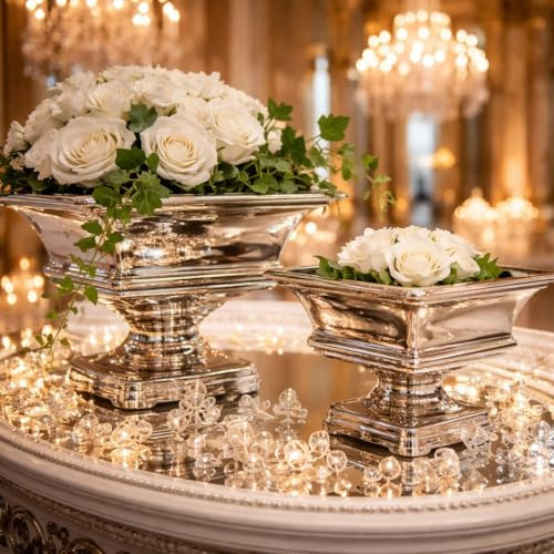 25 cm Dekoschale mit Fuß Keramikschale Hochzeitsdeko Pflanzgefäße Tischdeko Silber Blumenschale Silberschale Blumengefäß Schale Obst Bonbonschale Tafelaufsatz Nostalgie Große Obstschale Gebäckschale