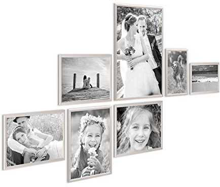 PHOTOLINI Alu-Bilderrahmen-Set Silber schmal, 7er Set Metall-Rahmen aus Aluminium, bruchsicheres Acrylglas, zum Aufhängen & Aufstellen, extra Zubehör, modernes Design für Poster & Fotos