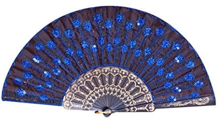 Accessotech Spanish Lace Silk Folding Hand Held Dance Fan Flower Pattern for Party Wedding (Blue/White)