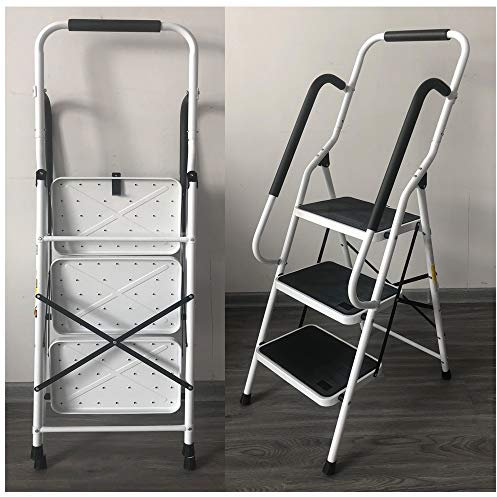 Escabeau 3 Marches avec 2 Rampes de Sécurité & Garde-Corps,Échelle Pliable en Acier Max.150 kg - Escabeau Ménager pour Intérieur/Extérieur