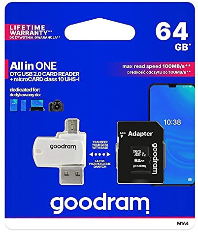 GoodRam MicroSDHC (64 GB | Class 10 | UHS I) + Adapter + Card Reader