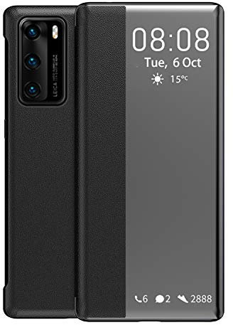 KANSI Compatible con Huawei P40 Pro / P40 Pro+ Funda, Smart View Flip Funda de Cuero + Protector Pantalla - Negro