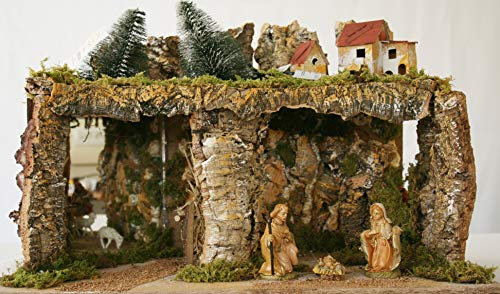 euroMarken Weihnachtskrippe Natalizio Leere Krippe, Waldhäuschen und Moos mit Lichtern, 58 x 34 x 37 cm 58 x 34 x 37 Mehrfarbig