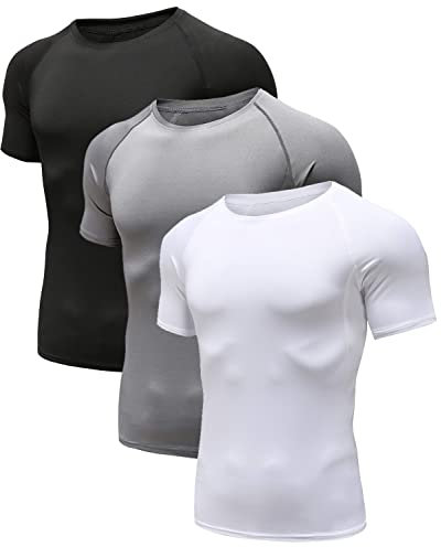 Men's (Pack of 3) Cool Dry Compression Short Sleeve Sports Baselayer T-Shirts Tops Black/Grey/White 02-L