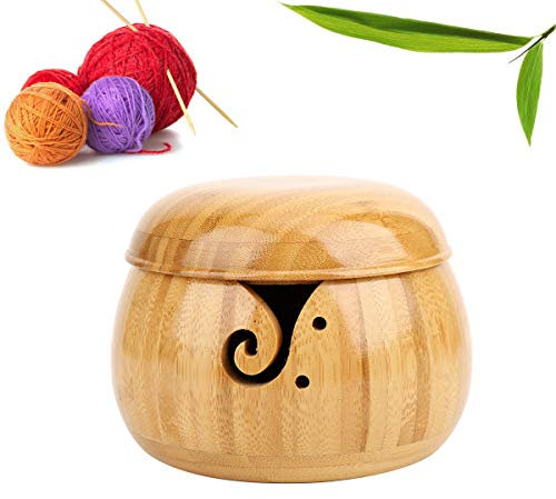 RoseFlower 5.11 Pouces Bol à Tricoter avec Couvercle, Bol en Bois Fil de Stockage Bol avec Trous et perceuses sculptés -Le Tricot Crochet Décor à La Maison#1