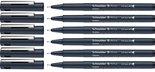 Schneider Pictus Fineliner (Strichstärke 0,9 mm, dokumentenechte Pigmentliner, metallgefasste Spitze, Gehäuse aus 85% recyceltem Kunststoff) 6er Pack, schwarz