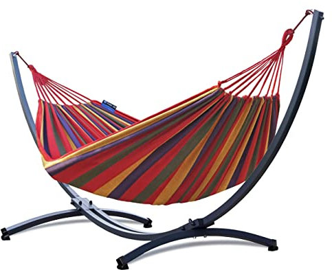 Potenza Outdoor Hängematte mit Verzinkter Gestell für 2 Personen I Baumwolle Doppelhängematte XXL 220x160, 200kg I Hängemattengestell 220kg, wetterfest (Rot, Basic Gestell Graphit)