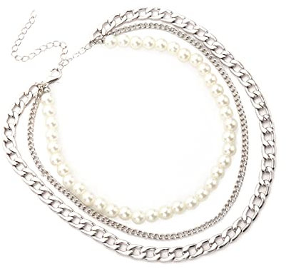 Ayoiow Sautoir Femme,Collier Femme 3 Rangs Plaqué Or Perle Argent Collier