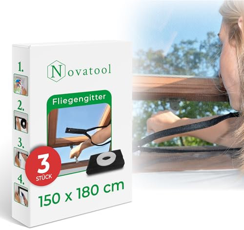 Novatool - Set di 3 zanzariere per lucernario, senza forature, accorciabile individualmente, 180 x 150 cm, colore antracite