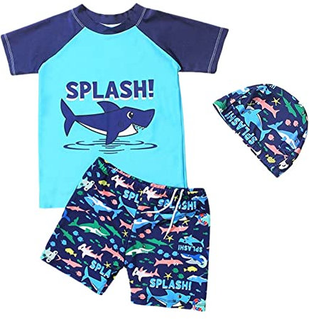 FedMois Costume da Bagno Tuta da Piscina Bambino Ragazzo, 3 Pezzi Completo Maglia + Pantaloncini + Cappellino, squalo, 5-7 Anni