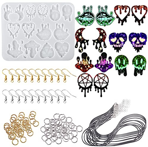 DIYBravo 131 Stück Ohrring Halloween Epoxidharz Formen Resin Silikon Formen mit 20 Ohrhaken 10 schwarze Schnur 100 Resin Silikonform für Schlüsselanhänger Lesezeichen Schmuck