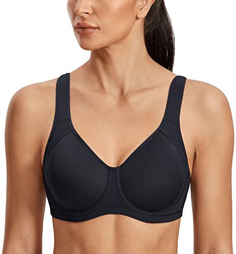 SYROKAN Damen Sport BH Starker Halt Verstellbarer X-Rücken, Große Brüste Leicht Gefüttert BHS mit bügel für Fitness Lauf Joggen Schwarz 2 85D
