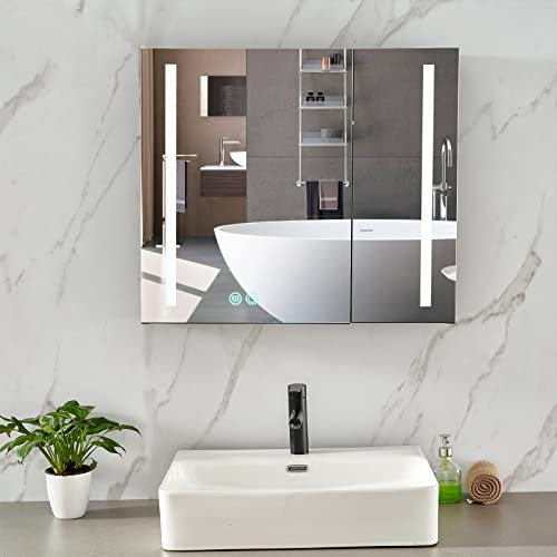 Plumbsys Armoire de Salle de Bain en Aluminium avec éclairage LED avec Miroir, Montage Mural, luminosité réglable, désembuage, Noir 75x65cm