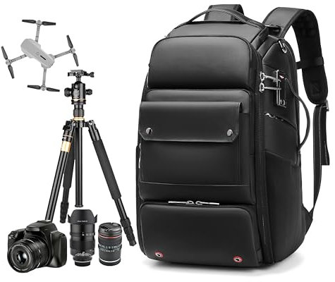 NASKVOWT Wasserdichter DSLR-Kamerarucksack – groß mit TSA-Schloss, passend für Drohnen und 17-Zoll-Laptops, Schwarz, Modern