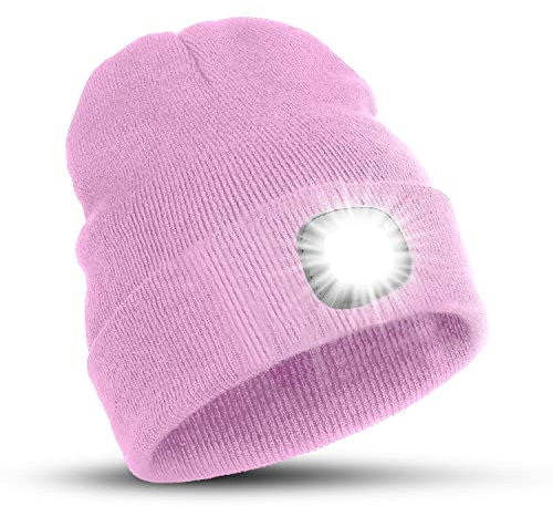 TYGA Store Gorro LED – Rosa Gorro de Invierno Impermeable con 4 Luces LED Brillantes – Linterna USB Recargable – para Mujeres, Hombres, papá, Unisex
