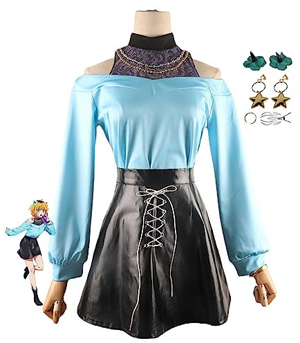 Anime OSHI NO KO Cosplay Kostüm Outfits Uniform mit Halskette Kostüm für Erwachsene 7-Teiliges set Halloween-Karnevalsparty-Verkleidung für Erwachsene Geeignet für Anime-Ausstellungen (Hellblau, 2XL)
