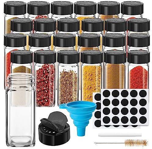 hanmir 24er Gewürzgläser Set,120ml Glas Gewürzdosen eckig Aufbewahrung mit Schwarz Deckel, Trichter, Bürste, Etiketten & Kreidestift,10,5 x 4,3 cm
