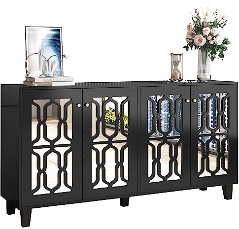 Merax Sideboard Kommode Schwarz verspiegelte, Anrichte mit 4 Türen, Moderne Beistellschrank Mehrzweckschrank mit verstellbares Regal, viel Stauraum für Wohnzimmer, Esszimmer, 160 x 40 x 84 cm