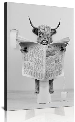 ZFTCN Lustige Zeitung Tier Wandkunst, Tier Wandbilder auf Toiletten, Schwarz-weiß Leinwand Bilder, Badezimmer Schlafzimmer Dekoration, Rahmenlos (Hochlandrinder,40x60 cm)