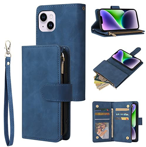 QLTYPRI Case for iPhone 15 6.1 inch, Large Capacity Leather Wallet Case 6 Card Holder & 1 Zipper Pocket Kickstand Wrist Strap Magnetic Case for iPhone 15 - Blue