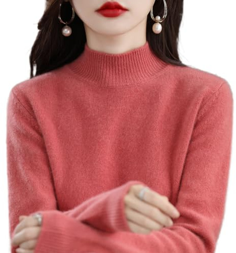 DYJAGYO 2023 Herbst und Winter Kaschmir High Neck Warm Knit Sweater,Frauen Kaschmir-Pullover,Casual Pure Bottom Shirt,Fashion Knitted Pullover Sweater (Light red,X-Large)