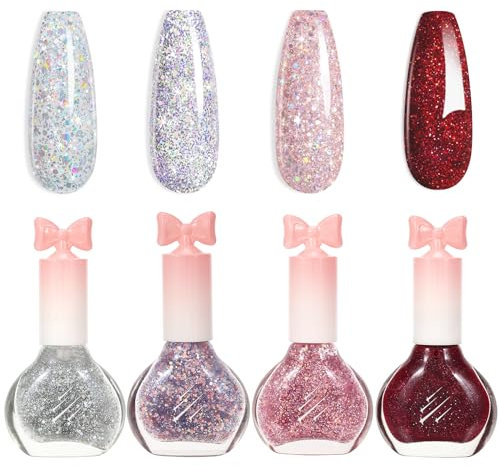 Glitter Nail Polish Set - Sliver Pink Purple Red Nail Varnish Set - 4Pcs Sparkly Shinny Natural Look Quick Dry Nail Varnish Gift Set DIY Long Lasting Nail Art Home