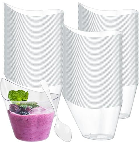 YancLife 50 Stück Kunststoff Dessert Becher mit Löffeln, 200ml Geschwungene Runde Dessertbecher Transparenter Wiederverwendbare Plastik Mini Desserttassen für DIY Desserts Pudding Mousse Party