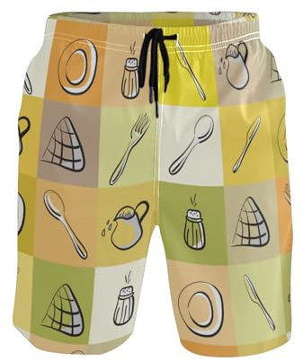 GuoChe Short de bain amusant pour homme - Différents ustensiles de cuisine - Jaune - Séchage rapide - Vacances - Plage - Short avec doublure en maille, Différents ustensiles de cuisine jaune, XL