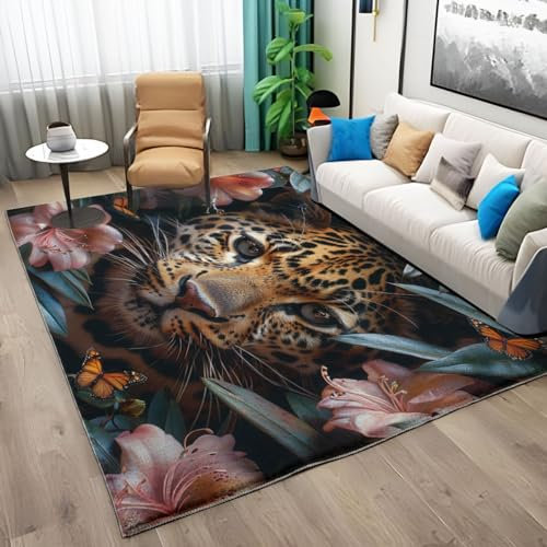 Dunkel Waschbarer Teppich Wohnzimmer 180x240cm Teppich Schlafzimmer Blumen Pflanzen Gepard Kurzflor Teppich Rechteck Weiche Teppich für Schlafzimmer rutschfest Teppich Flauschiger Teppich