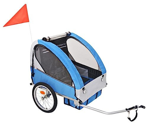 AUVYI Fahrradanhänger Lastenanhänger Jogger Fahrrad Kinderanhänger 2 in 1 Joggerfunktion mit 5-Punkt Sicherheitsgurt für 1 Bis 2 Kinder Geeignet Robuste und Langlebige Grau und Blau 137x77x87 cm