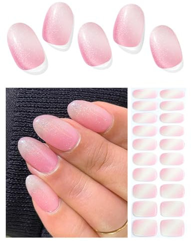 AutyaMee Semi Cured Gel Nail Strips (Glitter Pink Ombre), 20 Pcs Gel Nail Wraps, Stickers, UV Light Required, Salon Quality, Long Lasting