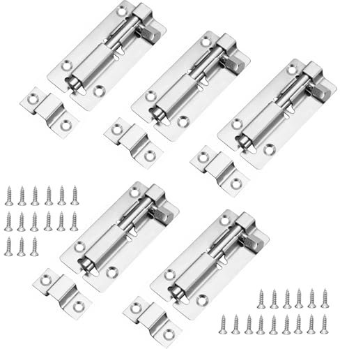WNXBFO 5 Pcs Door Lock Bolt, 3 Inch Door Bolt, Bolt Lock, 304 Stainless Steel Door Bolts Slide Bolt with Screws for Shed, Garden, Toilet, Bedroom 3 Inch (Silver) 