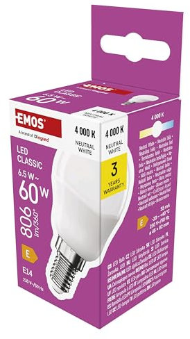 EMOS LED Lampe Mini Globe, 6,5W Ersatz für 60W Glühbirne, kleine Birne mit E14 Sockel, Helligkeit 806 lm, Neutralweiß 4000 K, 30000 h Lebensdauer, CRI min. 80, 150° Abstrahlwinkel