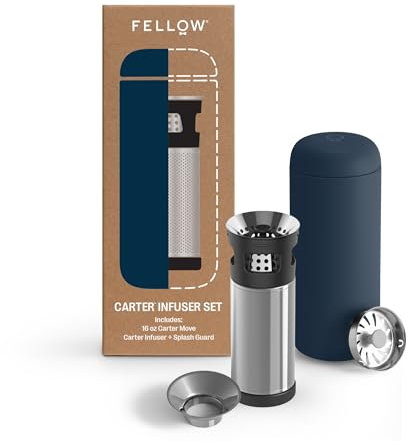 Fellow Carter Tea + infuseur à froid et gobelet Carter Move de 473,6 g – Infusion à thé en déplacement – Tasse de voyage en acier inoxydable isolée sous vide – Infuseur à infusion à froid pour